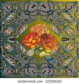 illustration with decorated square with tree roses