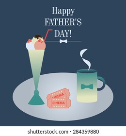 illustration of decorated table for two. Dedicated Fathers Day. On the table, a mug, two tickets to a movie, and a cocktail, ice cream