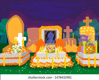 Illustration of Decorated Tombs in a Cemetery for Day of the Dead Celebration