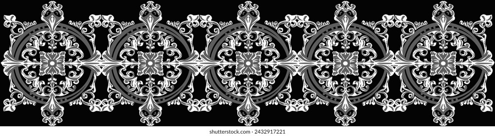 illustration with decorated white swirls and curls on black background