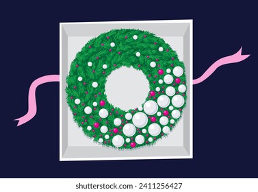 
Illustration of the decorated wreath with Christmas decoration in the gift box