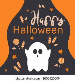 Illustration with decorations in Halloween. Poster of ghost and  Halloween candy.
