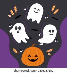 Illustration with decorations in Halloween. Poster of pumpkin, ghosts, full moon dark night and black bat. Halloween candy.
