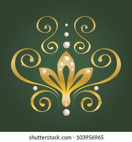 illustration decorative abstract floral ornament with gold and pearl on green background. vector illustration.