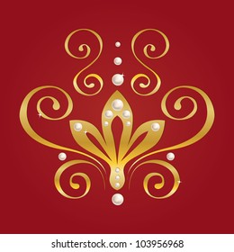 illustration decorative abstract floral ornament with gold and pearl on red background. vector illustration.