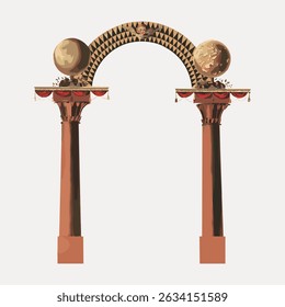 Ilustração de um arco decorativo com duas colunas. O arco apresenta padrões geométricos e duas esferas. As colunas são ornamentadas e clássicas em estilo. Vintage arte ilustração vetor.