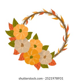 Illustration of a decorative autumn wreath featuring pumpkins, leaves, and branches, perfect for seasonal design and fall themes.