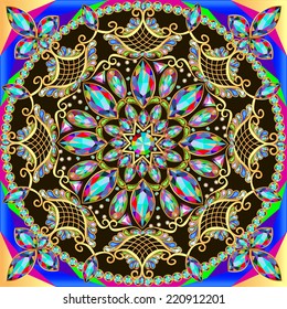 illustration decorative background with a circular mesh gold ornaments and precious stones