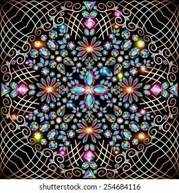 illustration decorative background with a circular mesh gold ornaments and precious stones