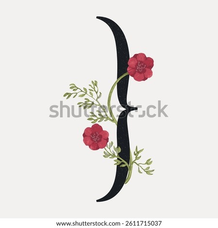Illustration of a decorative black bracket with red flowers and green leaves entwined. Floral design with flowers and leaves creating a natural aesthetic. Vintage font isolated vector.