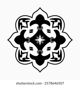 Illustration of a decorative black and white symmetrical abstract pattern featuring intricate geometric and ornamental details. Ideal for design, artistic creativity, or decorative graphic use.