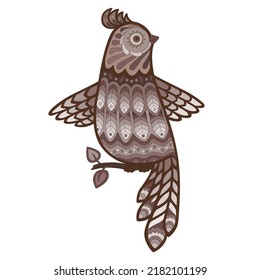 Illustration of decorative brown bird in folk style sitting on branch on white background