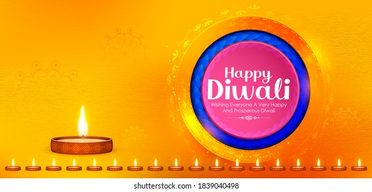 illustration of decorative burning oil diya on Happy Diwali Holiday background for light festival of India