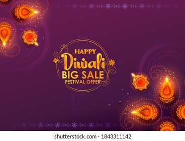 illustration of decorative burning oil diya on Happy Diwali Holiday background for light festival of India