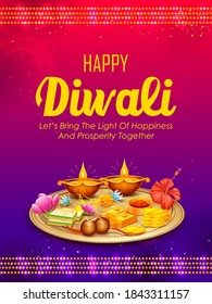 illustration of decorative burning oil diya on Happy Diwali Holiday background for light festival of India