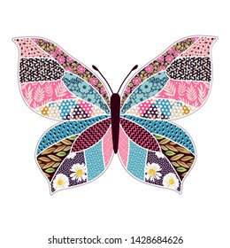 Illustration with decorative butterfly in patchwork style. Can be used as a print, postcard, etc.