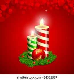 illustration of decorative candle and christmas ball with wreath