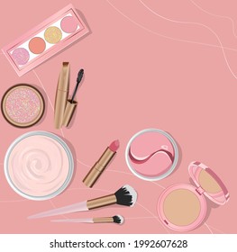 Illustration of decorative and care cosmetics on a pink background. Cream, Patches, Mascara, Eye shadow, Highlighter, Powder, Brushes, Lipstick