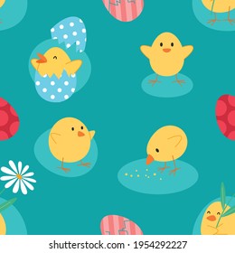 Illustration for decorative design. Spring pattern Happy easter banner background. Cute cartoon chicken seanless pattern. Nature background vector. Vector graphic illustration.