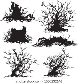 Illustration of decorative dry shrub, stump, snag silhouettes 