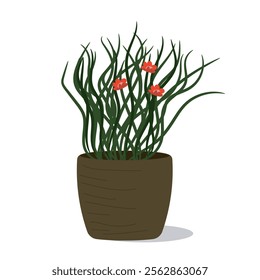 Illustration of a decorative flowerpot with thin, wavy green leaves and small red flowers on a white background.