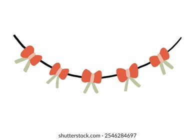 Illustration of a decorative garland featuring a series of red bows. Perfect for festive, cheerful, and celebratory themes. Ideal for backgrounds, invitations, or seasonal design projects