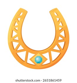 Uma ilustração de uma ferradura decorativa para boa sorte na cor dourada vibrante e design geométrico intrincado destacado por uma pedra preciosa azul no centro simbolizando boa sorte e proteção.