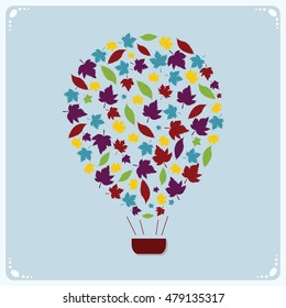 Illustration of decorative hot air balloon made of leaves. Vector hot air balloon. 