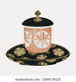 Illustration of a decorative jar with lid on a matching plate. The jar features intricate orange patterns, while the plate has a dark design with light accents. Vintage home decor illustration vector.