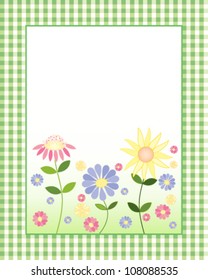 an illustration of a decorative note card with autumn leaves and fruits and white space for messages on an orange gingham background