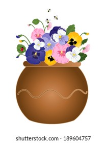 an illustration of a decorative pot with colorful pansy flowers foliage bees and a ladybug isolated on a white background