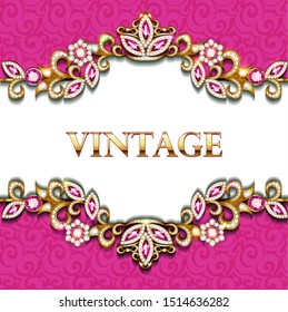 Illustration decorative volumetric vintage background frame with gold ornaments and precious stones