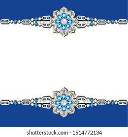 Illustration decorative volumetric vintage background frame with gold ornaments and precious stones