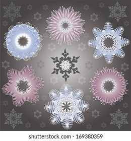 Illustration of decorative winter pattern with beautiful snowflakes. All vector elements are separated from background
