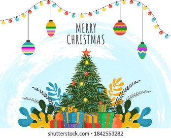 Illustration of decorative xmas tree & gift boxes with hanging and colourful ornamentson on texture background for Merry Christmas celebration.