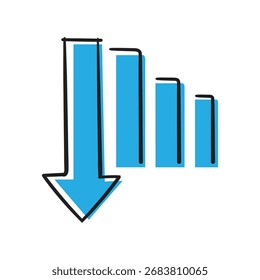 Illustration of a decreasing graph and arrow icon, isolated on a white background. The image represents a business concept of decline, loss, or failure in the market.