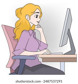 An illustration of a dedicated businesswoman with blonde hair, working attentively at her computer