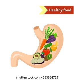 illustration dedicated to healthy eating - fruit and vegetables in the stomach.