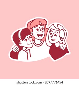 Illustration dedicated to International Friendship Day (30 July). The image shows three female friends hugging and laughing. Appreciate a good friendship!