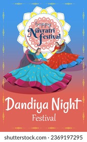 An illustration dedicated to the Navratri festival, with a bright colored background. Girls dance folk dances. Happy Navratri