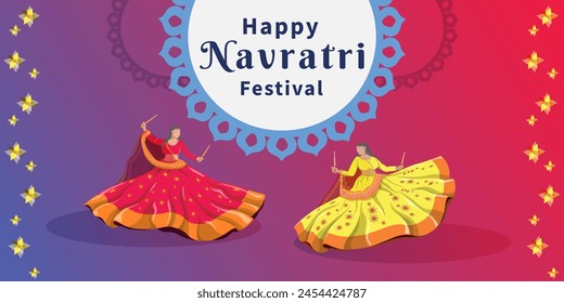 Ilustración dedicada al festival de Navratri, con un fondo colorido. Las chicas bailan danzas folclóricas. Feliz Navratri