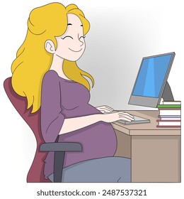 An illustration of a dedicated pregnant woman working at her computer in an office setting.