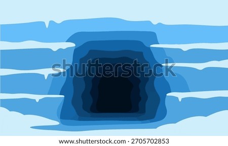 Illustration of a deep blue ice cave entrance, showing the depth and coldness of the environment.