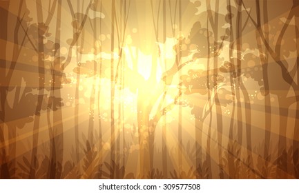 Illustration of deep forest. Sunburst through the trees and bushes.