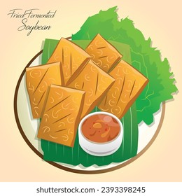 Illustration of deep fried fermented soybean serve with sauce on the banana leaf