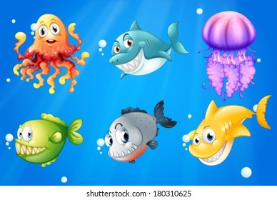 Illustration of a deep ocean with smiling creatures