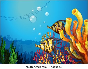 Illustration of a deep sea with beautiful coral reefs and fishes on a white background