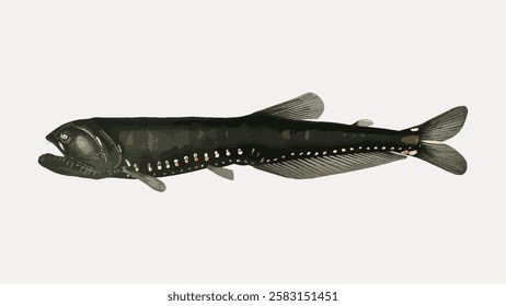 Illustration of a deep-sea fish with a slender body and bioluminescent spots. The fish is dark and elongated, showcasing unique underwater features. Vintage fish illustration isolated, vector.