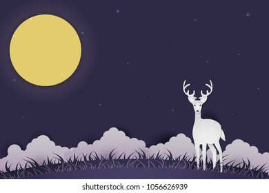 Illustration Deer alone on grass field over clouds at night with full moon and starlight . Wildlife Conservation , Paper sculpture art vector