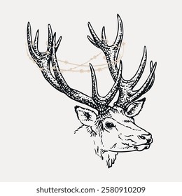 Illustration of a deer with antlers adorned with a chain. Detailed deer drawing with decorative antlers. Elegant deer design with intricate antlers. Vintage animal illustration isolated, vector.